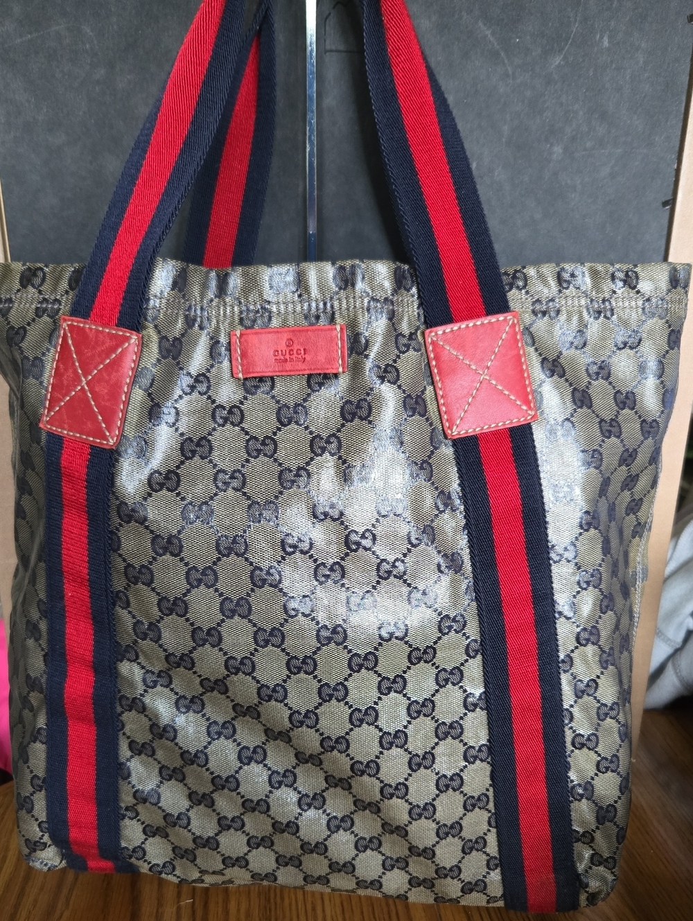 Gucci Beige GG Coated Canvas Tote with Navy and Red Straps